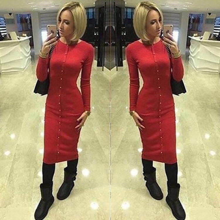 Warm Women Knitted Mid-calf O-neck Dresses package hip Sheath Bodycon Dress With Buttons LX062