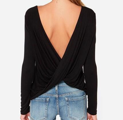 Online discount shop Australia - Cross Backless Long sleeved  Women Tops Casual Large size Camiseta White/Black/Gray poleras de