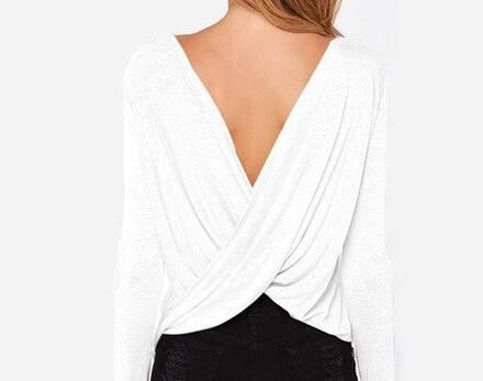 Online discount shop Australia - Cross Backless Long sleeved  Women Tops Casual Large size Camiseta White/Black/Gray poleras de