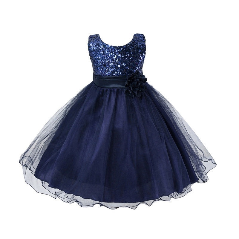 Princess Girl O-neck Sleeveless Sequined Floral Ball Gown Party Dresses One Piece Daily Dress