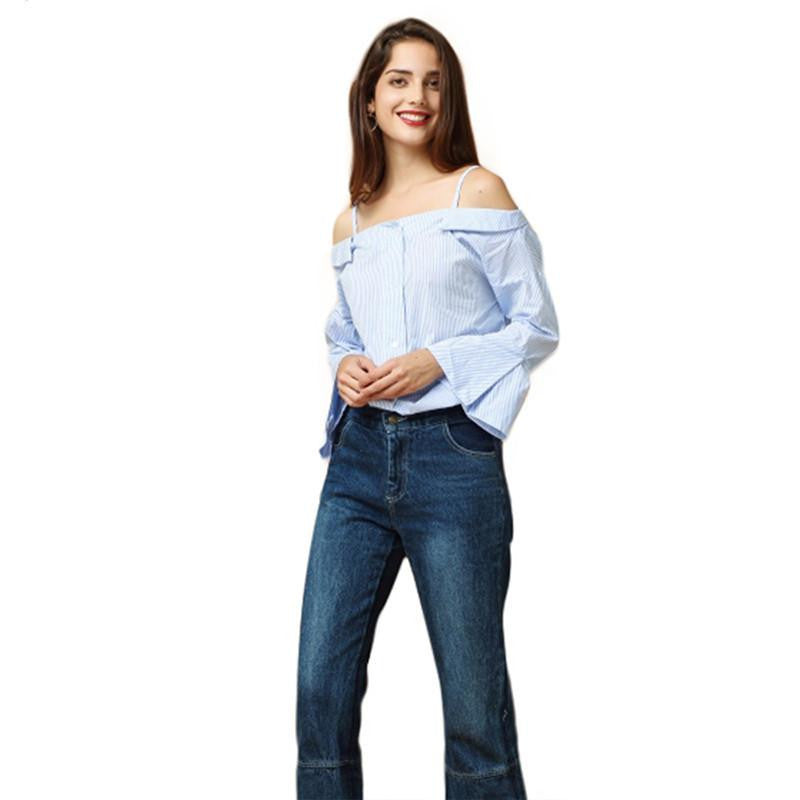 Womens Off Shoulder Striped Strap Blouse Shirts Overalls Casual Flare Sleeve Button Tops Tees for