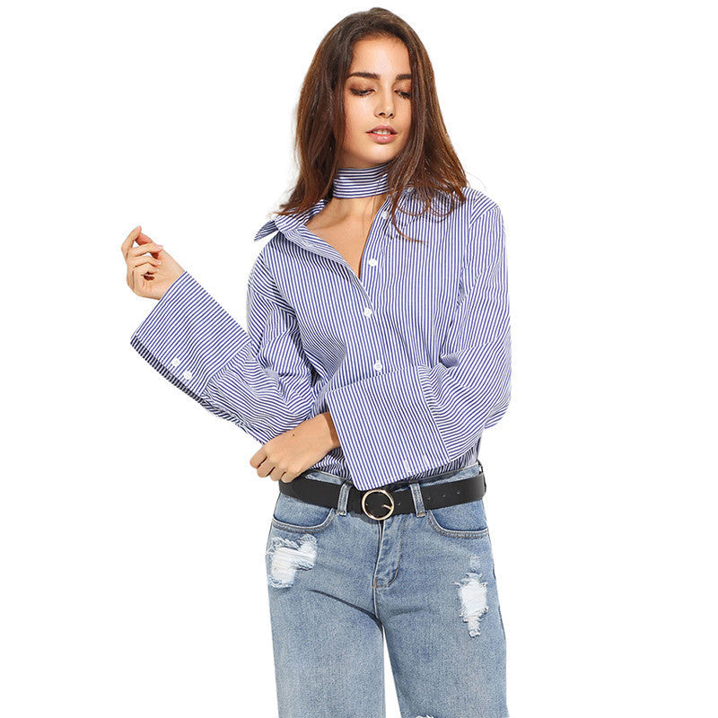 Online discount shop Australia - Fashion Women Striped Preppy Style Bow Button Blouses Flare Sleeve Casual Cute Loose Shirts Tops