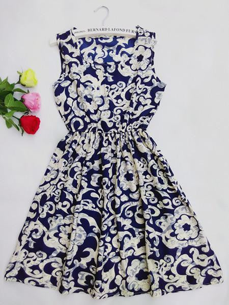 Women casual Navy Blue floral leopard sleeveless vest printed beach chiffon Stars dress vestidos nz18
