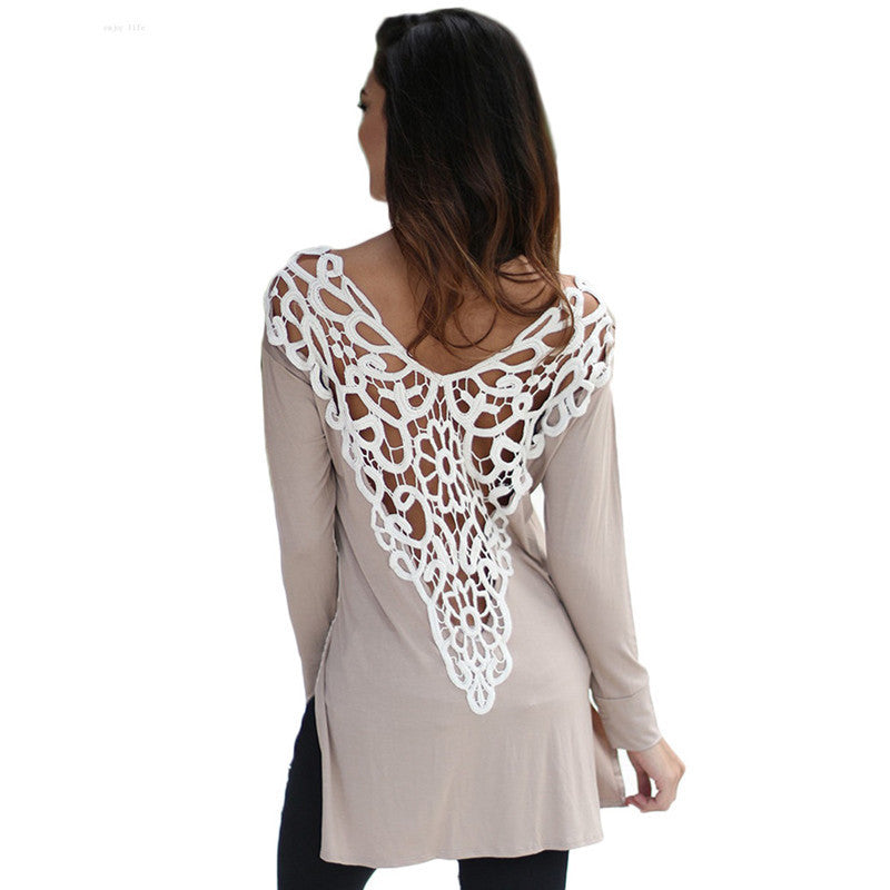 Online discount shop Australia - Fashion Sexy Crochet Patchwork Elegant T-Shirt Deep V Back Lace Hollow out Women Long Sleeve Side Split Shirt M0072