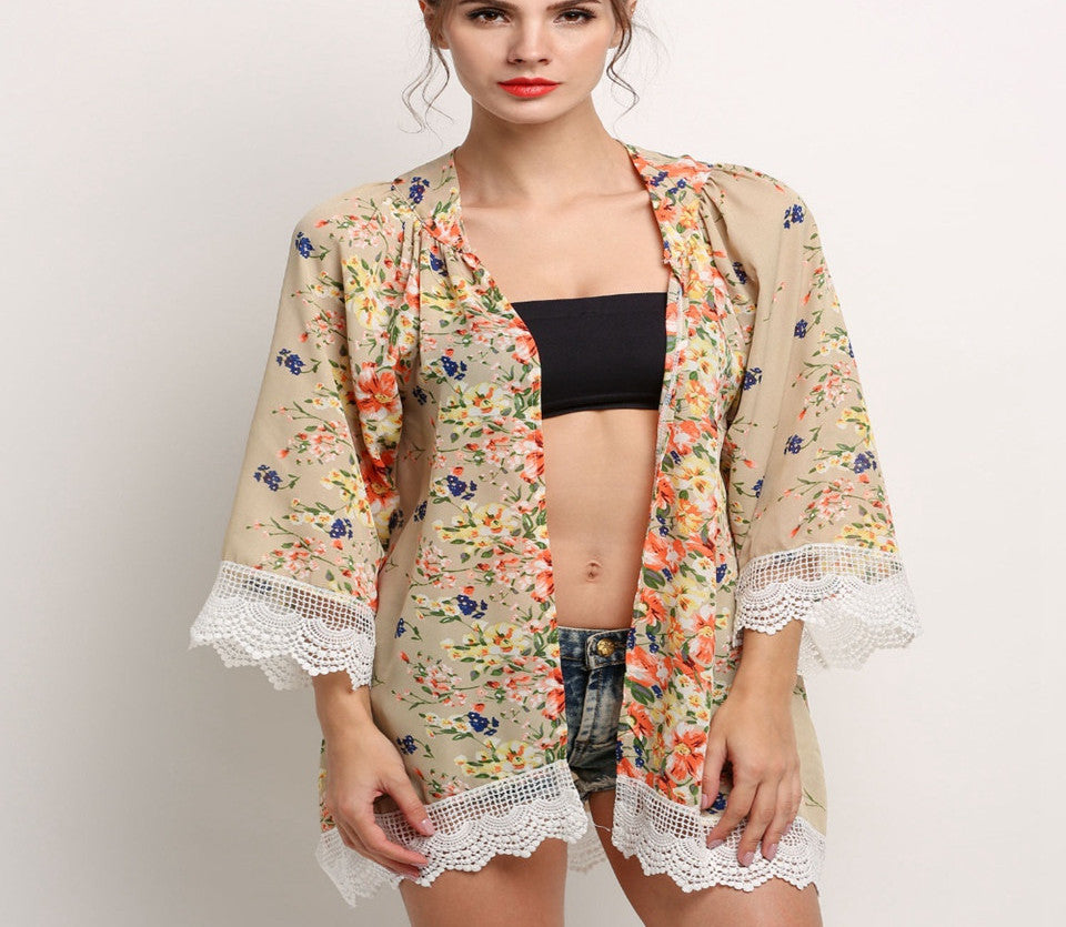 Online discount shop Australia - Blouses Floral Pattern Printed Lace Cardigan Fashion Women Blouse Shirt Batwing Sleeve