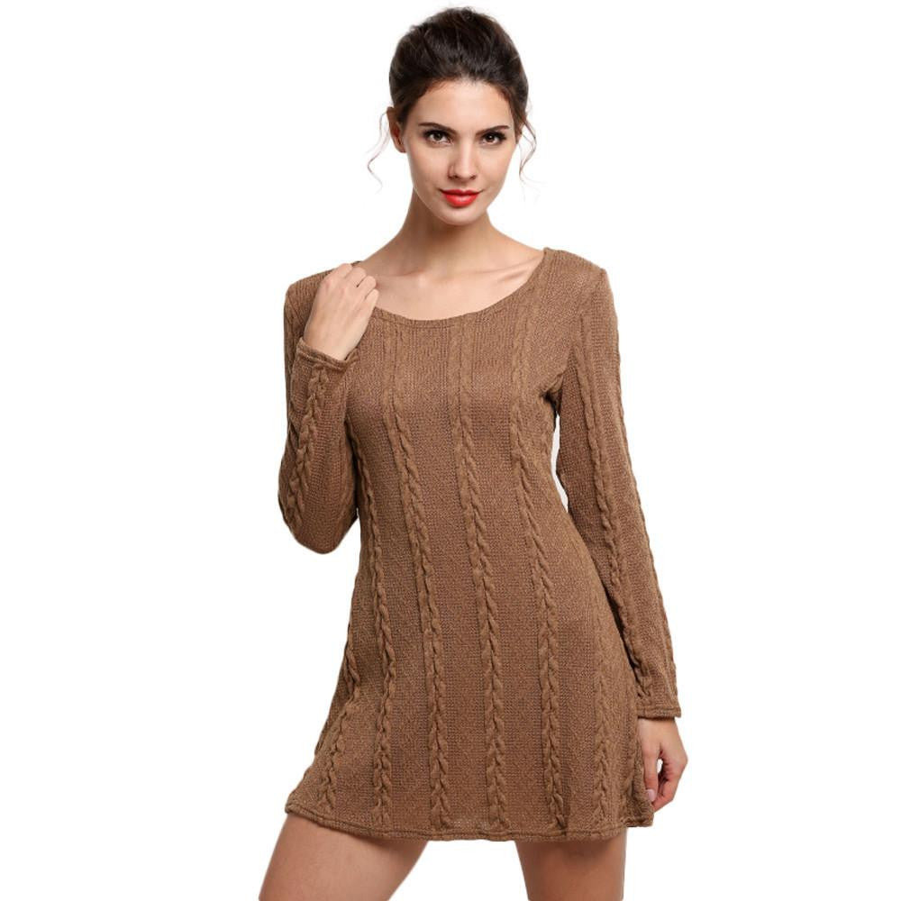 Women Casual Winter Autumn Dress Ladies Long Sleeve Crewneck Jumper Slim Casual Knitted Sweater Mini Dress