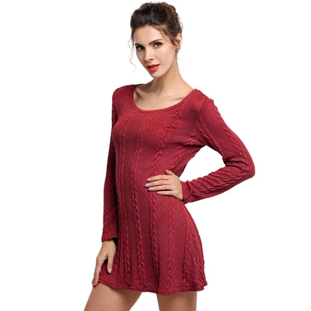 Women Casual Winter Autumn Dress Ladies Long Sleeve Crewneck Jumper Slim Casual Knitted Sweater Mini Dress