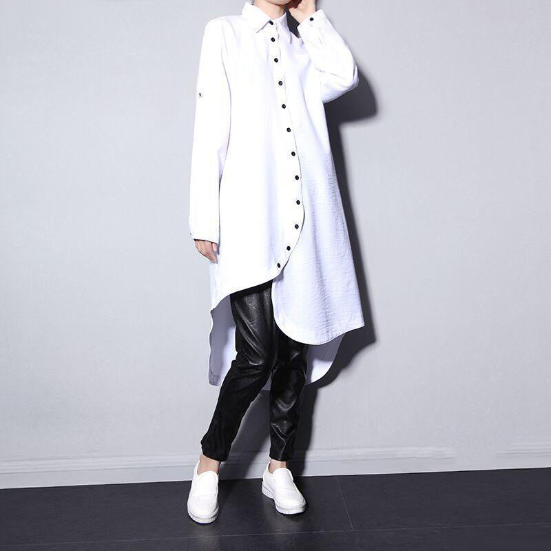 Online discount shop Australia - asymmetric hem chiffon shirt dress thick women long-sleeved white black big size LH911