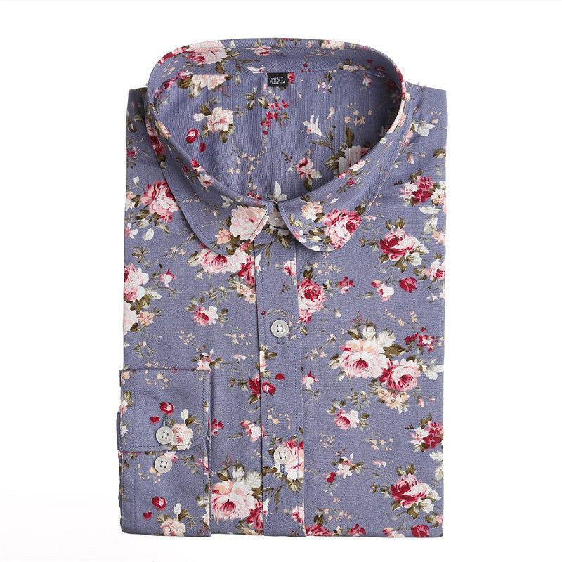 Women Blouse Floral Print Long Sleeve Cotton Women Shirts Turn Down Collar Casual Plus Size Slim Tops