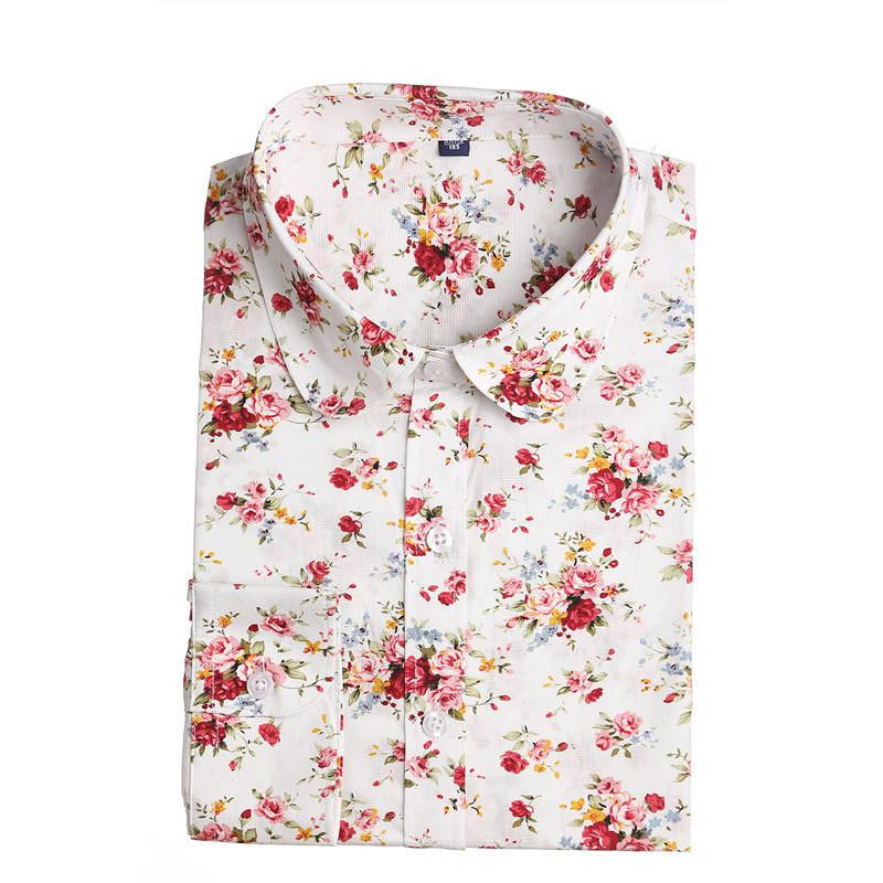 Women Blouse Floral Print Long Sleeve Cotton Women Shirts Turn Down Collar Casual Plus Size Slim Tops