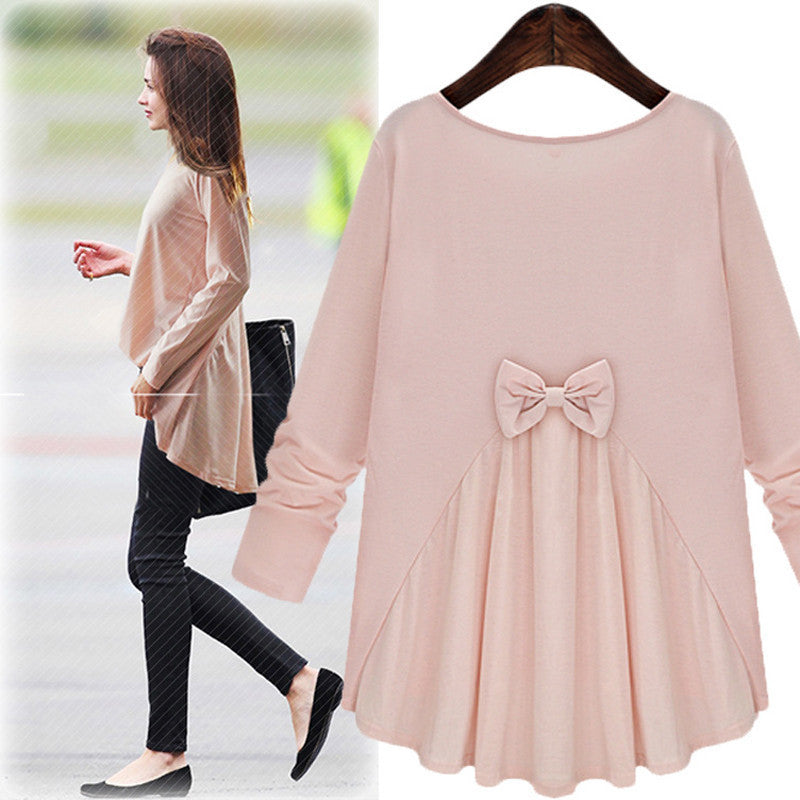 Online discount shop Australia - long-sleeved shirt loose round neck blouse for women short in front long cotton clothes bow shirt for fashion girl