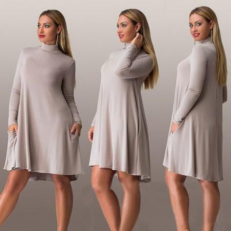 Women dress loose dress Long Sleeve big size dresses turtleneck solid knee-length Dress