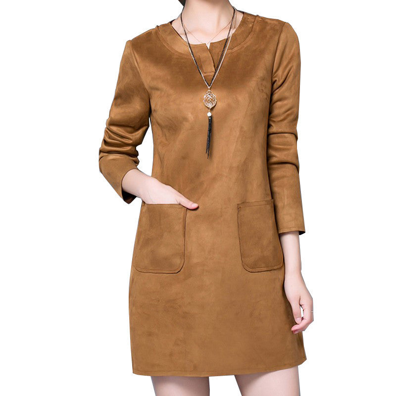 Online discount shop Australia - Faux Suede Plus Size L-4XL Vented Crew Neck Long Sleeve Women Dress Above Knee Flared Hem Front Pockets Female Dress Vestidos