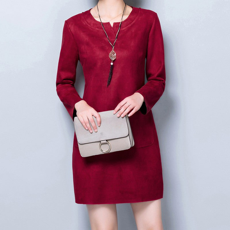 Online discount shop Australia - Faux Suede Plus Size L-4XL Vented Crew Neck Long Sleeve Women Dress Above Knee Flared Hem Front Pockets Female Dress Vestidos