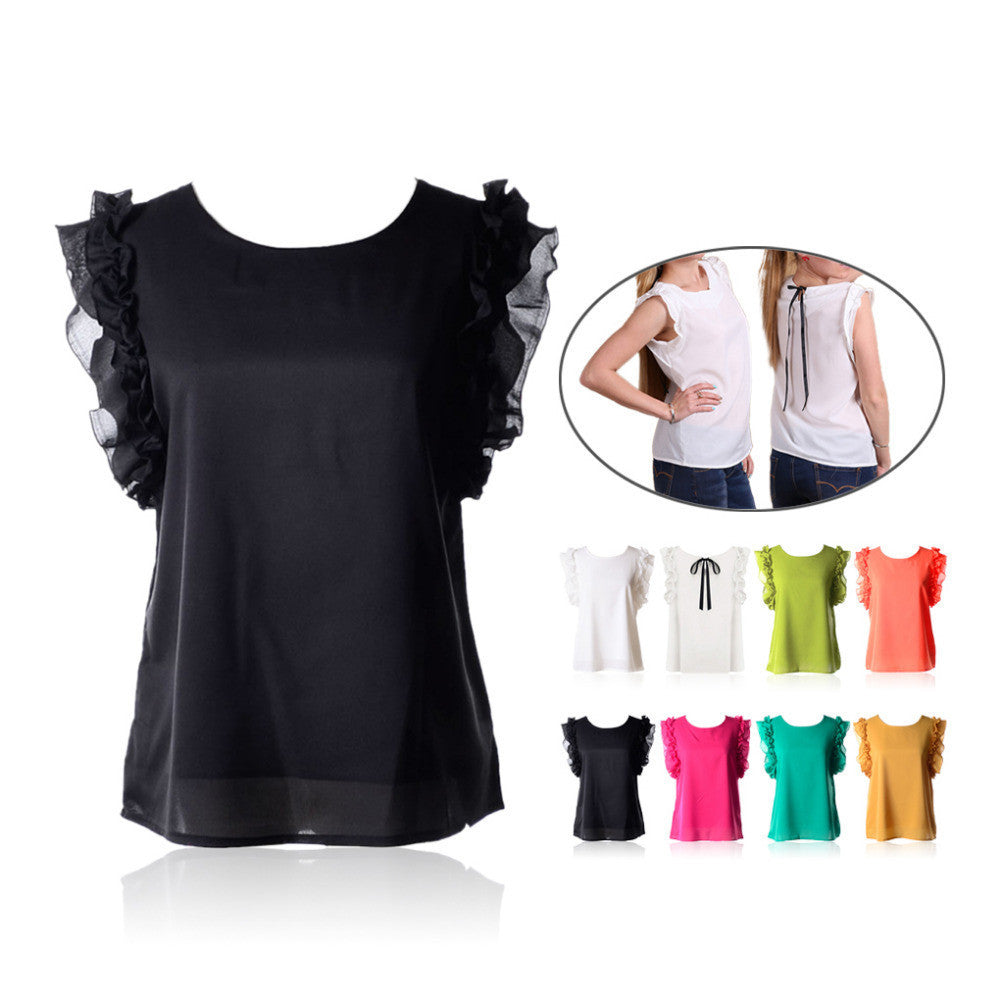 Online discount shop Australia - new 7 colors Lovely womens chiffon Ruffles fashion solid lady Tops