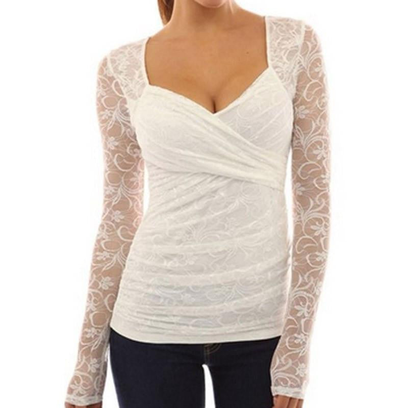 Casual Slim Tee Tops Women Elegant Long Sleeve V Neck Lace White Blouses Ladies Plus Size Solid Shirts
