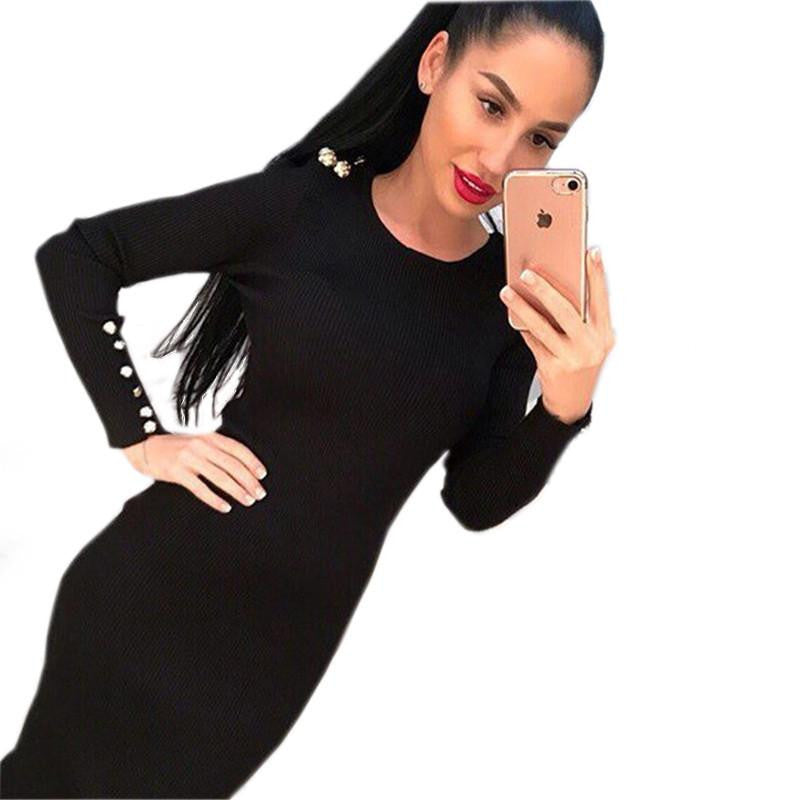 Warm Knitted Midi Dress Women Solid Long Sleeve Package Hip Bodycon Dress