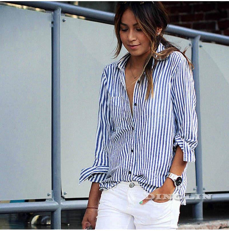 Womens Ladies Long Sleeve Button Down Collar Blouse Striped shirt Office Work Wear Casual Top