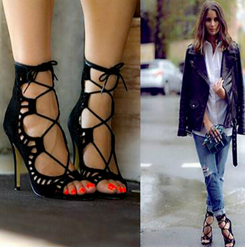 Online discount shop Australia - Fashion Women Pumps Women Shoes Sandals Lace up High Heels Cut Outs Shoes Open Toe Sapato Femininos Plus size 43