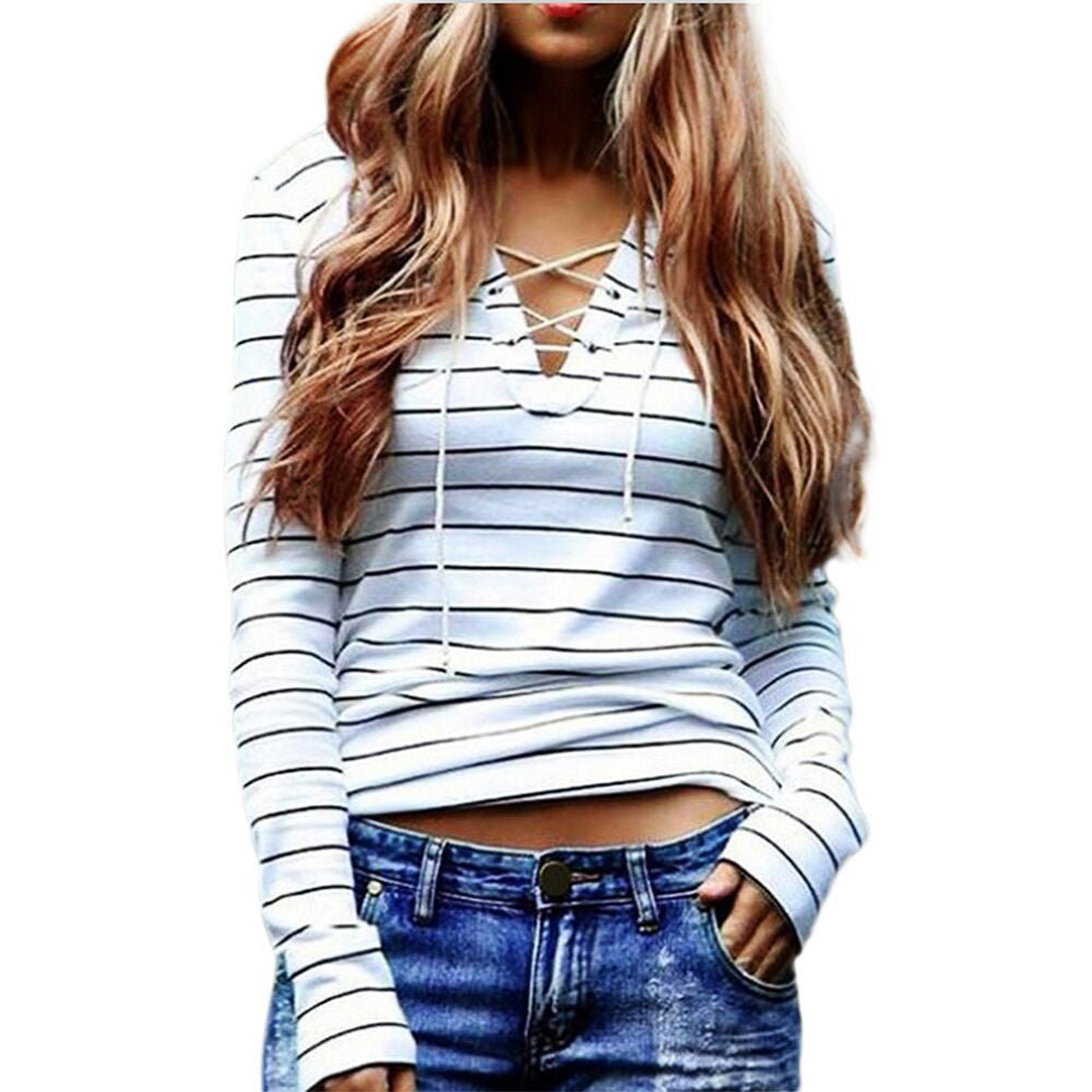 Online discount shop Australia - Fashion Sexy Lace Up T Shirts Women Striped Long Sleeve Casual V Neck Bandage tee shirt  y tops New