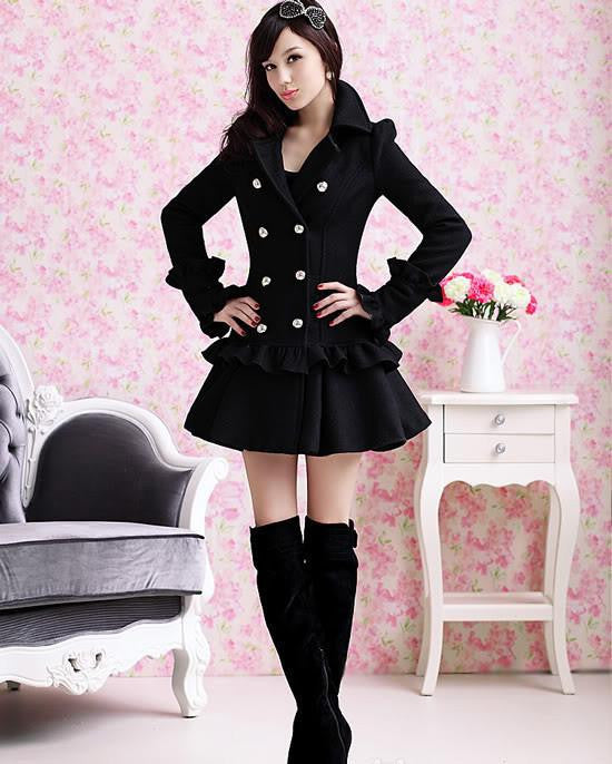 Online discount shop Australia - Clocolor Women Black Overcoat Korean Solid Color Falbala Pleated Double-Breasted Long Sleeve Slim Coats