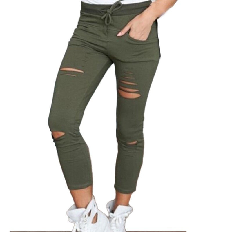 Online discount shop Australia - Female Trousers Women Hole leggings Ripped Pants Slim Stretch Drawstring Trousers Pants Army Green Pants