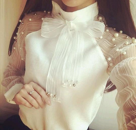 Women Lace Beaded Chiffon White Blouse Shirts Sweet Bow Long Sleeve Tops Blouses