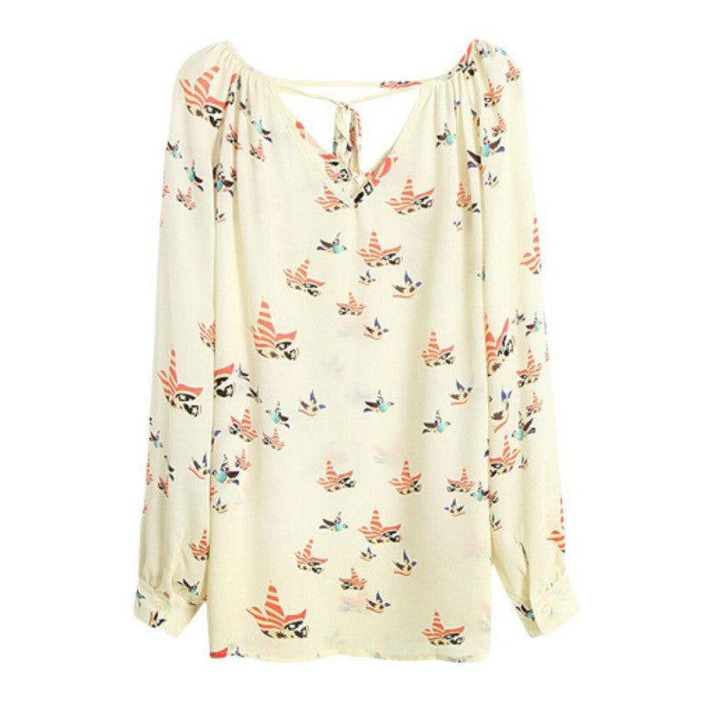 Women Long Sleeve Tops Casual Loose Chiffon Shirt Floral Print Blouse