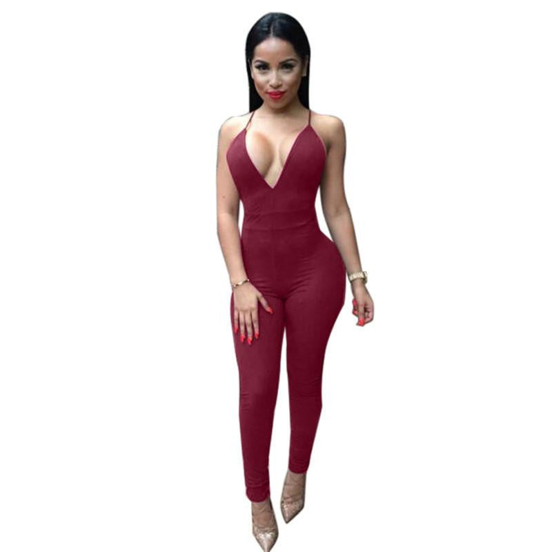 Women Jumpsuits Casual Rompers Plus Size Backless Spaghetti Strap V neck Bodycon Playsuit for Club