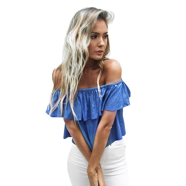 Off The Shoulder Blouse Sleeve Ruffle Jean Denim Shirt Women Cropped Crop Tops Blue Fashion Casual Loose Shirt