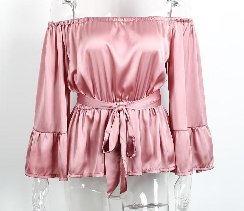 off shoulder ruffle satin blouse shirt Soft flare sleeve bow tops Elegant glossy pink women blouses