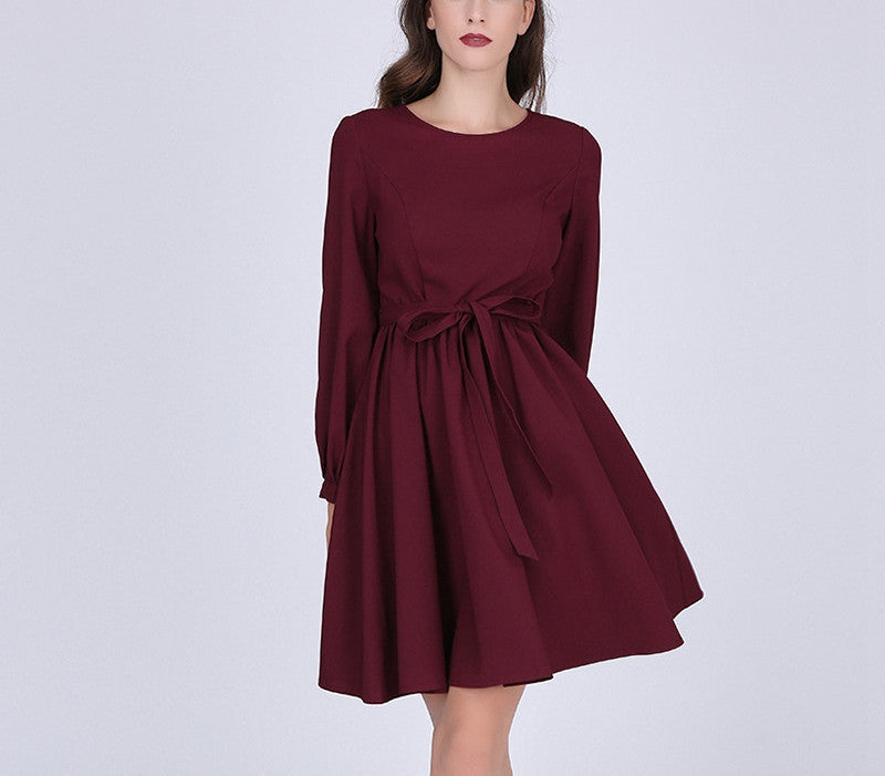 Online discount shop Australia - Clocolor autumn dress Elegant Red Long Sleeve A-line Dress fall winter Lady Dress Autumn Knee Length Solid women vintage Dress