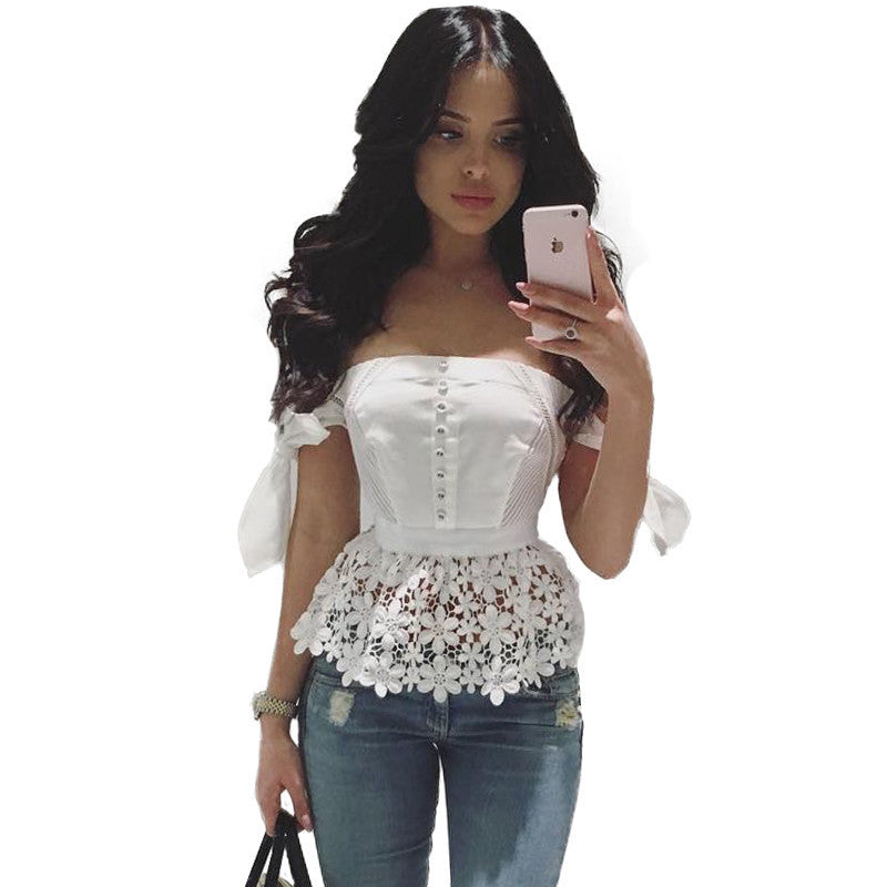 Online discount shop Australia - Elegant Sexy Bow Off Shoulder Top Beading Women Blouse Shirt White Female Lace Blouses Beach Casual Tops Girl