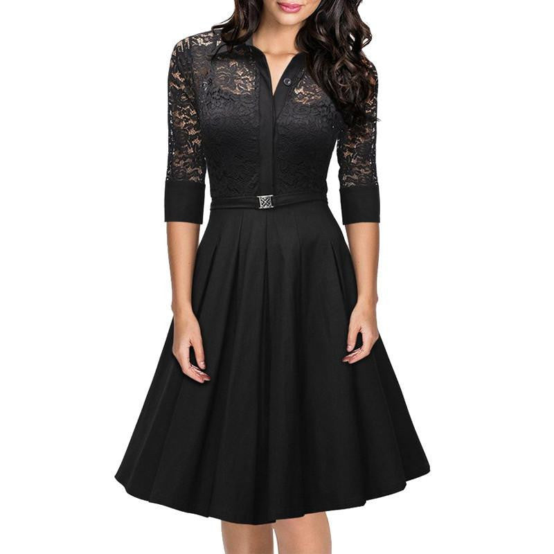 Women Lace Rockabilly Dress Vintage Evening Party Autumn Dress 1950s Turn Down Collar Elegant Black Dresses