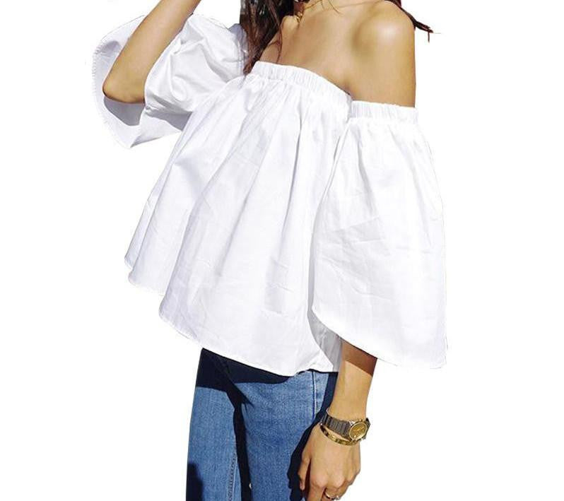 off shoulder white blouse women Ruffle slash neck cotton shirt blouse tube top tees short