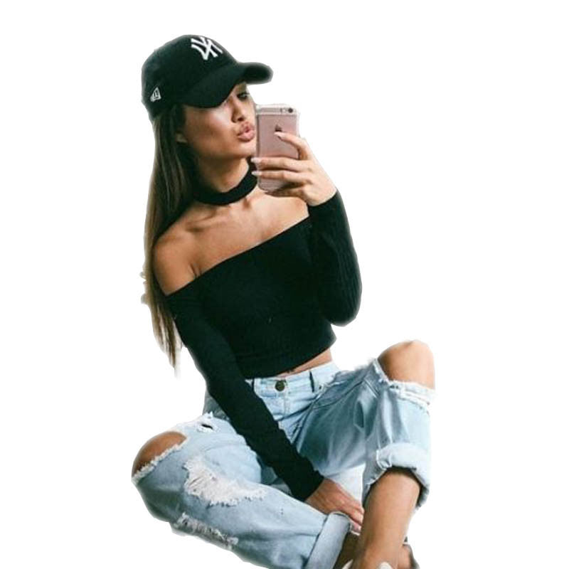 Online discount shop Australia - Choker Slash Neck Halter Sexy Long Sleeve Halter Club Girl Black  Blouse Off Shoulder Crop Top Fashion Shirt Tee Cropped