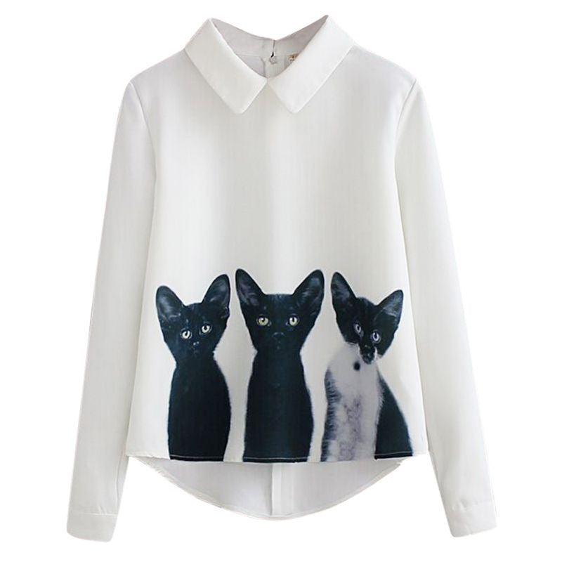 Fashion Cats Printed Pullover Shirts Long Sleeve Casual Women Korean White Blouse