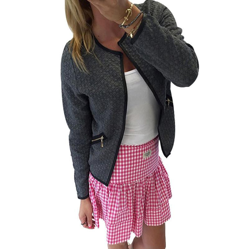 women jacket plaid print coat open stitch casual tops solid female short outwear fashion o neck