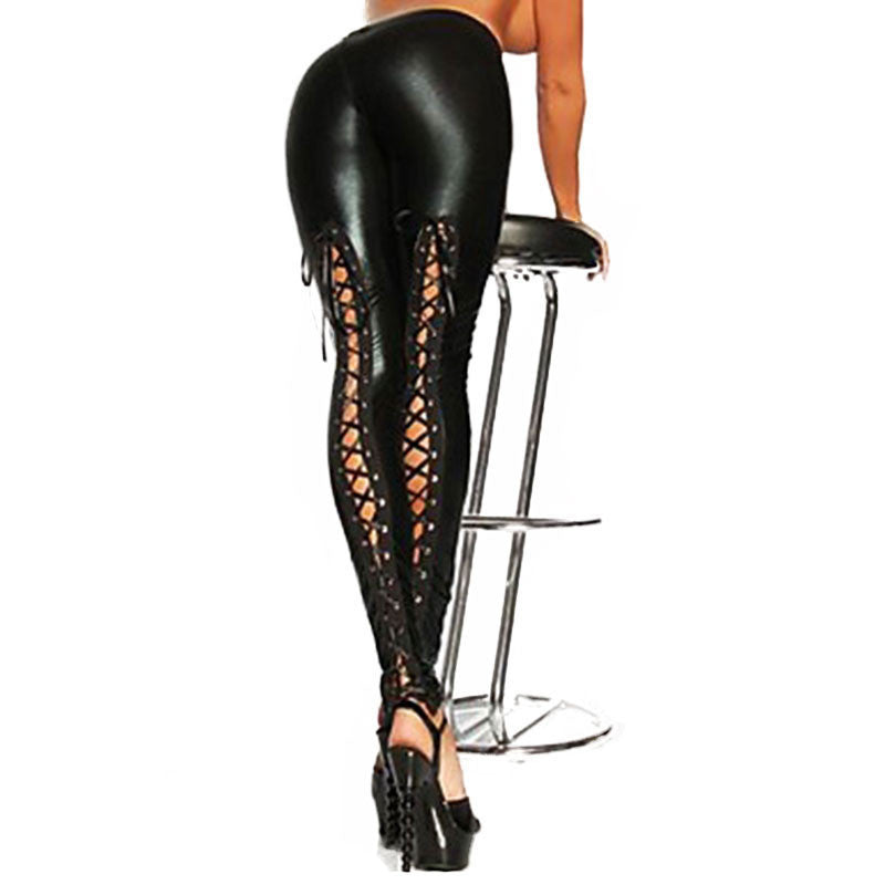 Online discount shop Australia - Black Gothic Punk Rock Pants Bandage Lace Up Women PU Faux Sexy Leather Leggings