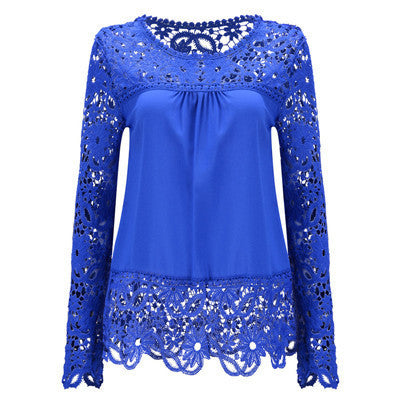 Online discount shop Australia - Fashion Chiffon Blouse Lace Hollow Splice Long Sleeve Women Blouse Plus Size Shirt Casual Women Tops