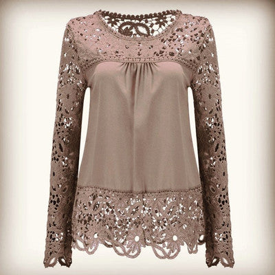 Online discount shop Australia - Fashion Chiffon Blouse Lace Hollow Splice Long Sleeve Women Blouse Plus Size Shirt Casual Women Tops