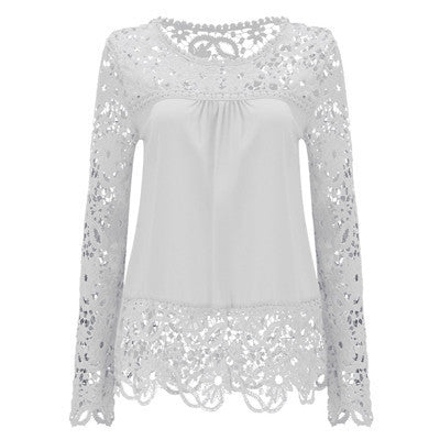 Online discount shop Australia - Fashion Chiffon Blouse Lace Hollow Splice Long Sleeve Women Blouse Plus Size Shirt Casual Women Tops