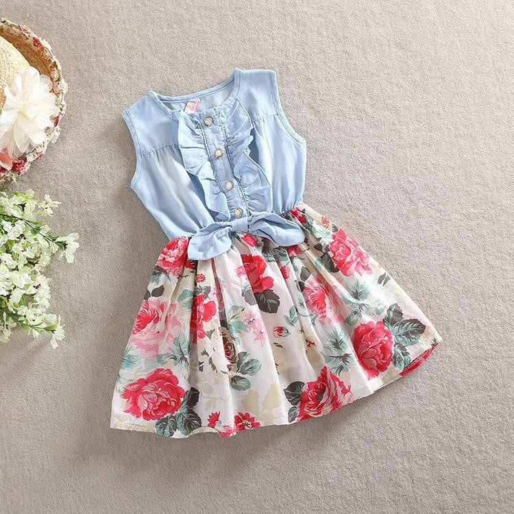 Online discount shop Australia - Girl Dress Floral Print Girl Denim Dresses Sleeveless Kids Dresses for Girls Fashion Toddler Girl Dresses Robe Fille