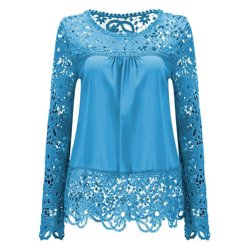 Women Blouses Lace Floral Casual O-neck Plus Size Tops womens blouse large size dress