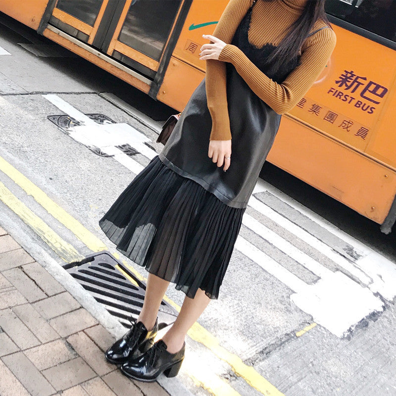 Online discount shop Australia - Autumn PU Leather Splicing Chiffon Pleated V Collar With Lace Straps Dress Women New Casual Clothing