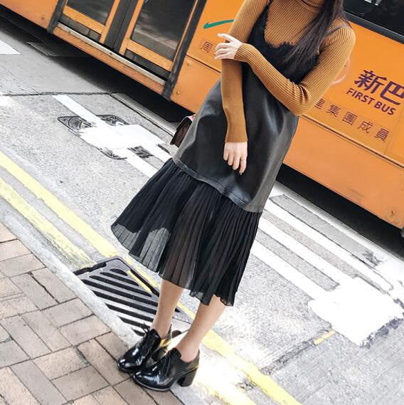 Online discount shop Australia - Autumn PU Leather Splicing Chiffon Pleated V Collar With Lace Straps Dress Women New Casual Clothing