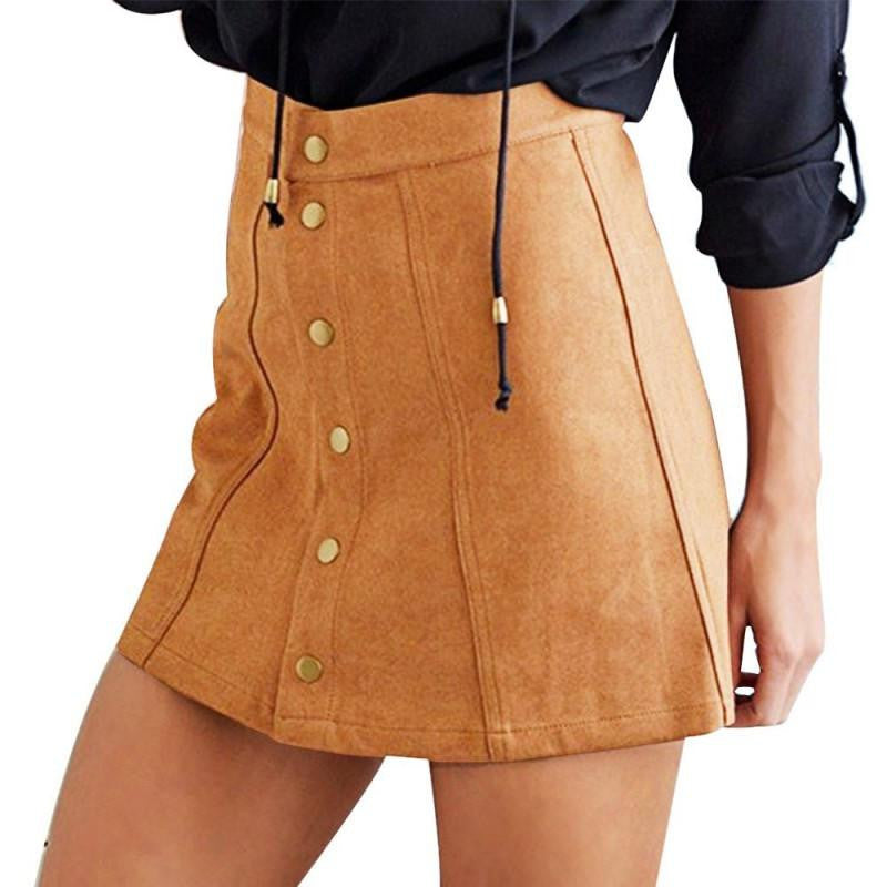 Summer Women Skirts Faux Suede A-Line High Waist Bodycon Button Short Mini Female Skirts