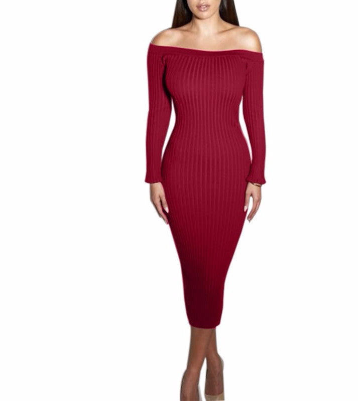 Online discount shop Australia - Fashion Long Sleeve Off Shoulder Slash Neck Sexy Club Women Dress Slim Bodycon Knitted Sweater Knee-Length Party Night Dresses