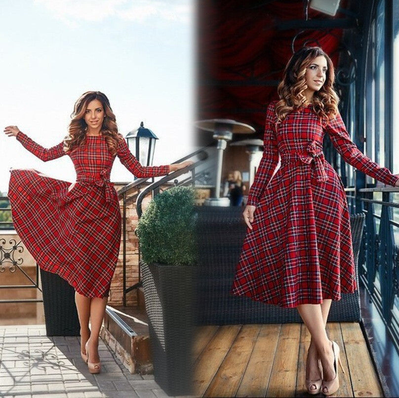 Online discount shop Australia - new autumn red plaid long sleeve mini dress women o-neck Bow casual dresses Vestidos