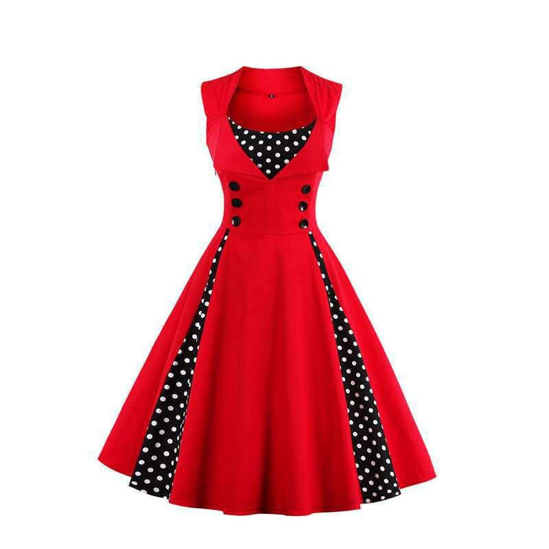 vintage women red dress with polka dots patchwork sleeveless with botton 1950s dress festa elegant vintage dress